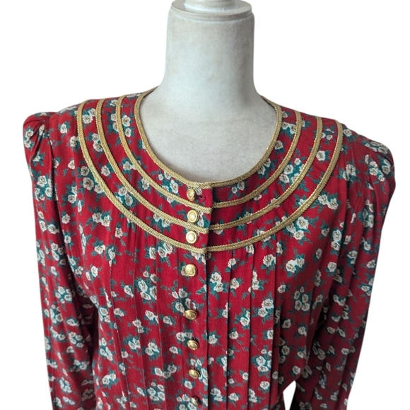 Vtg Plaza South Button Down Milkmaid Prairie Red Ditsy Floral Gold Trim Dress L - Picture 6 of 13